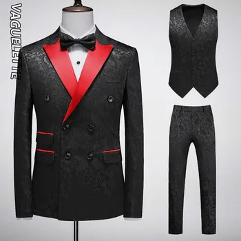 VAGUELETTE Barok Kruvaze Erkek Takım Elbise Sıska Katı Siyah Düğün Parti Ceket Yelek ve Pantolon Blazer Setleri 2023