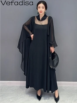 Vefadisa2024 Yaz Yeni Kadın Siyah Elbise Kişiselleştirilmiş Ekleme Örgü Büyük Etek Pilili Fırfır Moda Kız rahat elbise ZY1087