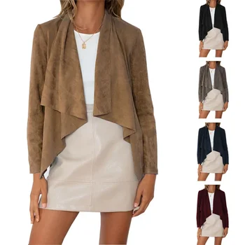 Vintage Kadınlar Süet Ceketler Katı İnce Kısa Rahat Gevşek Hırka Üstleri Sonbahar Kış Ceket Bayan Moda Büyük Yaka Takım Elbise Dış Giyim