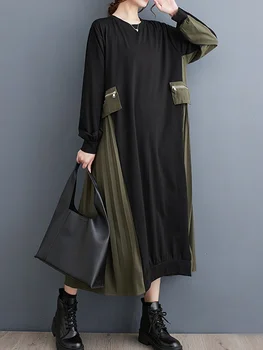 XITAO O-boyun Tam Kollu kadın elbisesi Gevşek Moda Patchwork Pilili Mizaç Zayıflama 2023 Sonbahar Kadın Yeni Elbise DMJ2945