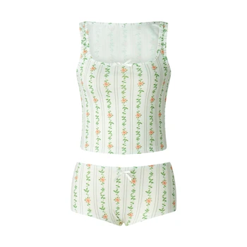 Xıngqıng y2k yaz giysileri 2 Parça Set Kadın Iç Çamaşırı Kıyafeti Çiçek Baskı Üstleri Yay ve Şort Seksi Pijama Loungewear