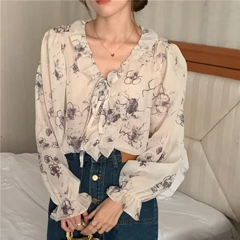 Yaz kadın Uzun Kollu Fırfır Yaka Parlama Kollu Dantel Up Baskılı Şifon Gömlek Blusas De Mujer Kadın Bluz Tops Kadın A711