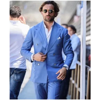 Yeni Mavi Geniş Tepe Yaka Erkek Takım Elbise Slim Fit 2 Adet Resmi Düğün Damat Blazer Kostüm Homme Terno Masculino Ceket Pantolon