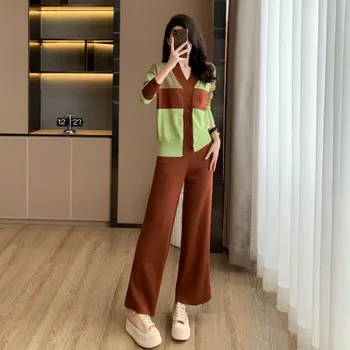 Yüksek kaliteli batılılaşmış rahat geniş bacak pantolon örme iki parçalı kadın giyim sonbahar yeni moda renk kontrast kazak seti