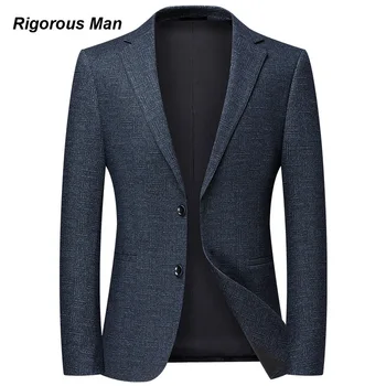 Yüksek kaliteli Erkek Blazer Sonbahar Kış Ütülenmeyen Elastik Mavi Ekose Slim Fit Takım Elbise Ceket İş Rahat erkek Giyim 2023