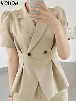 Zarif Blazer Kadın Yaz Mont 2023 VONDA Moda Kısa Puf Kollu Pilili Rahat Gevşek Düz Renk Blazer Giyim Femme