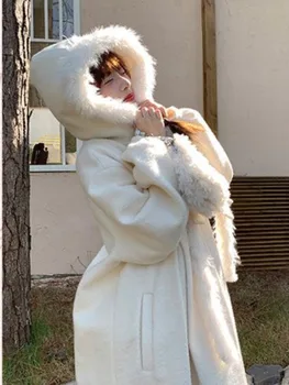 Zarif Sıcak Karışımları Kış rahat A-line Mont Japon Kadın Sevimli Kapşonlu Yün Palto Lolita Tatlı Beyaz Tek Göğüslü