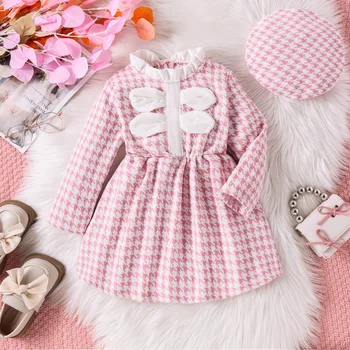 Çocuk giyim Kızlar için Sonbahar Kış Ekose Pembe Küçük Koku Elbise Bebek Kız Etek Şapka Çocuk Elbise Kız Elbise