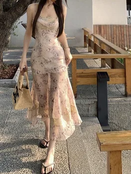 Şifon elbise Kadınlar için Kolsuz Rahat moda Elbise Tatlı Baskı Ruffles Dantel Spagetti Kayışı 2023 Yeni Bahar yaz elbisesi