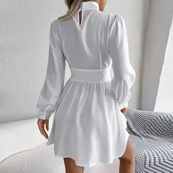 Şık Yüksek Yaka Elbise Seksi Zarif Elbise Zarif Yüksek Yaka Uzun Kollu A-line Mini Elbise Kadınlar için Düz Renk Sıkı Yüksek